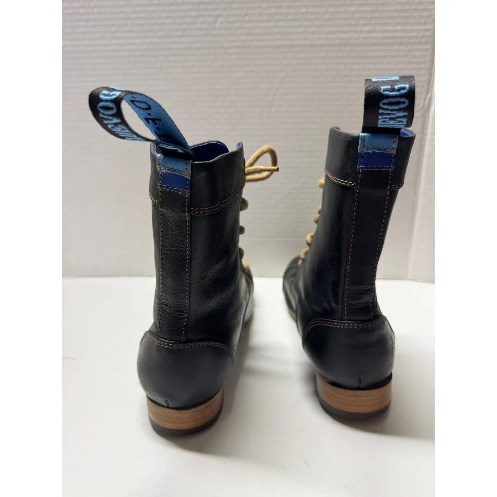 John Fluevog Radio CBC Black Leather Lace Up Cap Toe Boots Blue Lining‎ Mens 7